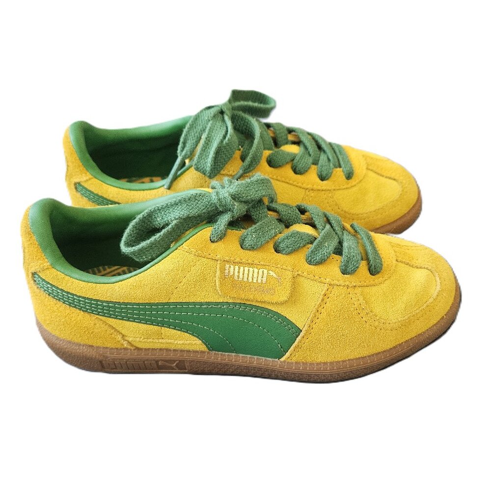 Puma Palermo Pele Yellow/Archive Green Suede Sneakers Gum Sole Youth US 4 Retro